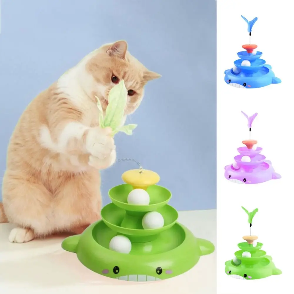 

Three Layers Cat Swivel Toy Ball Interactive Plastic Cats Tower Tracks Toy Rotatable Removable Cat Tunnel Toy with Feather