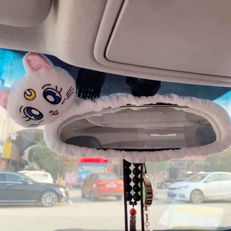 Plush Luna Cat Cartoon Plush Car Rearview Mirror Protective Cover Seat Belt Cover Sailor Moon Car Interior Decor Ornament