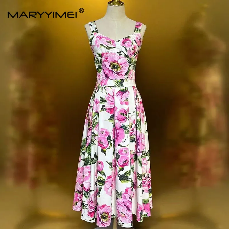 MARYYIMEI Fashion Spring Women's Ball Gown Suit Spaghetti Strap Backless Slim Tops+Casual Pleated Skirt Print cotton 2-piece set