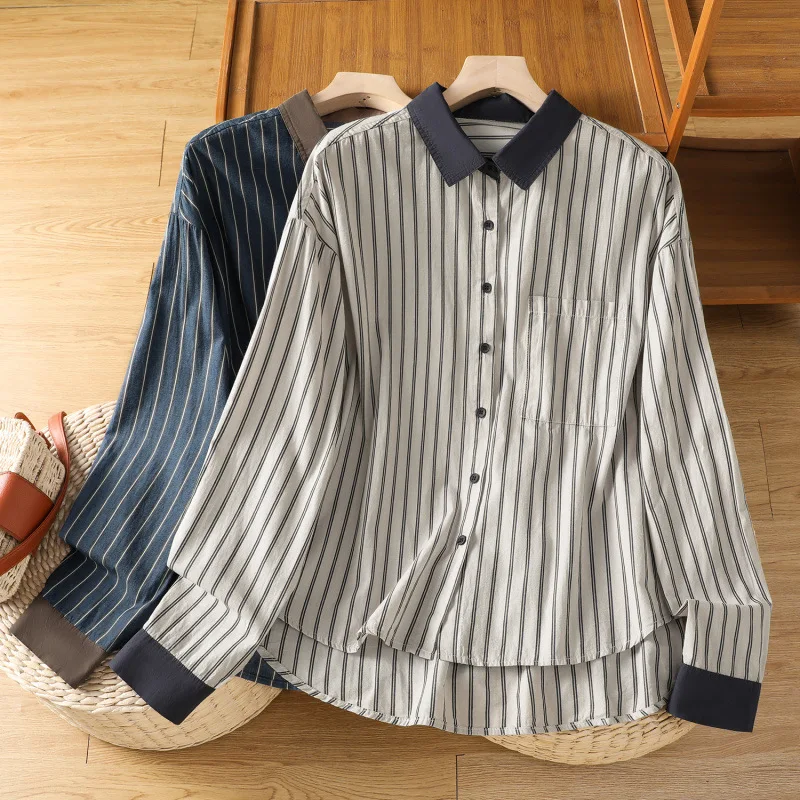

Harajuku Vintage Contrast Color Striped Blue Shirt For Women Spring Loose Fit Button Down Blouse Chest Pocket Casual Preppy Tops