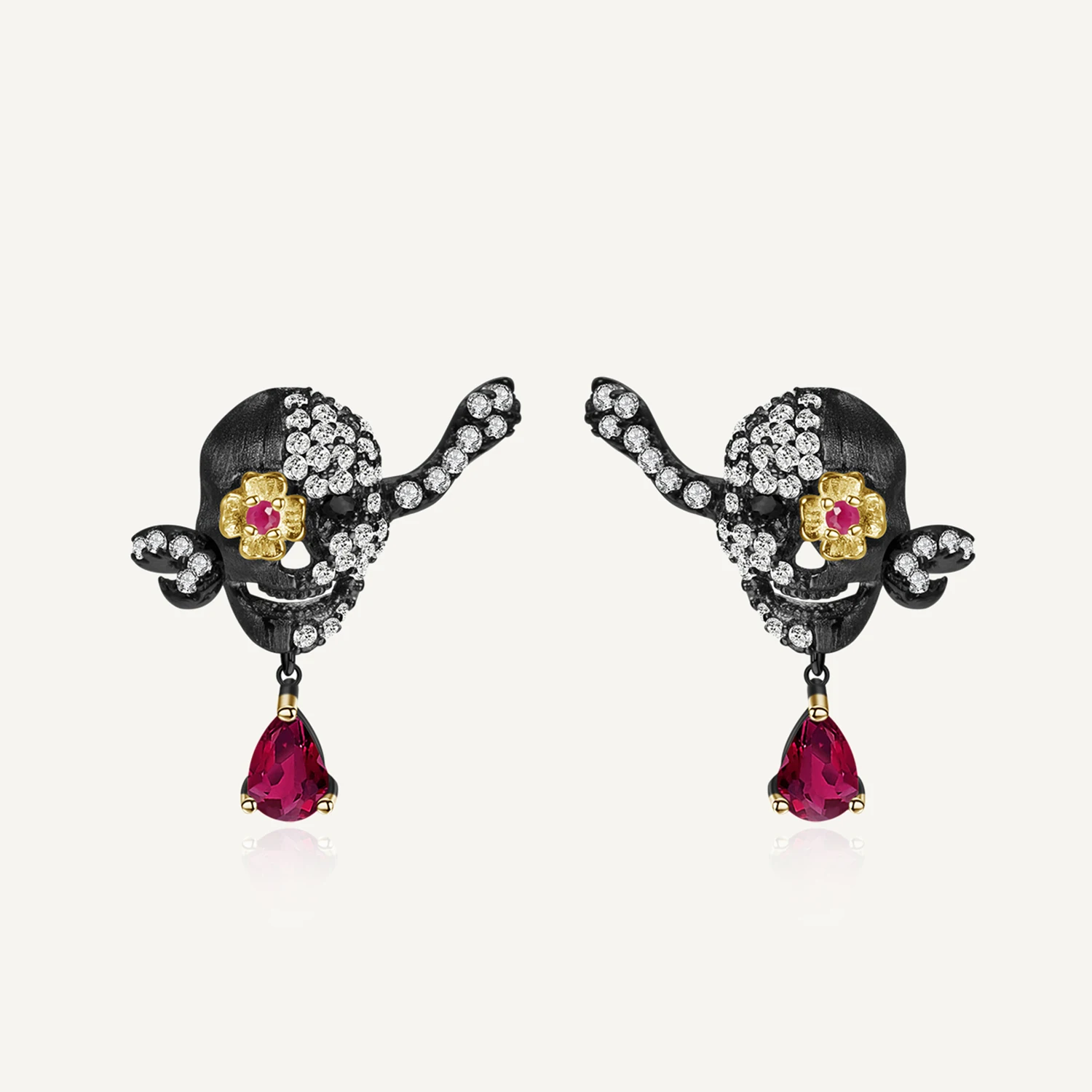 GEM'S BALLET 1.26Ct Natural Ruby Filed With Glass Stud Earrings 925 Sterling Silver Flower Skull Earrings Jewelry For Women