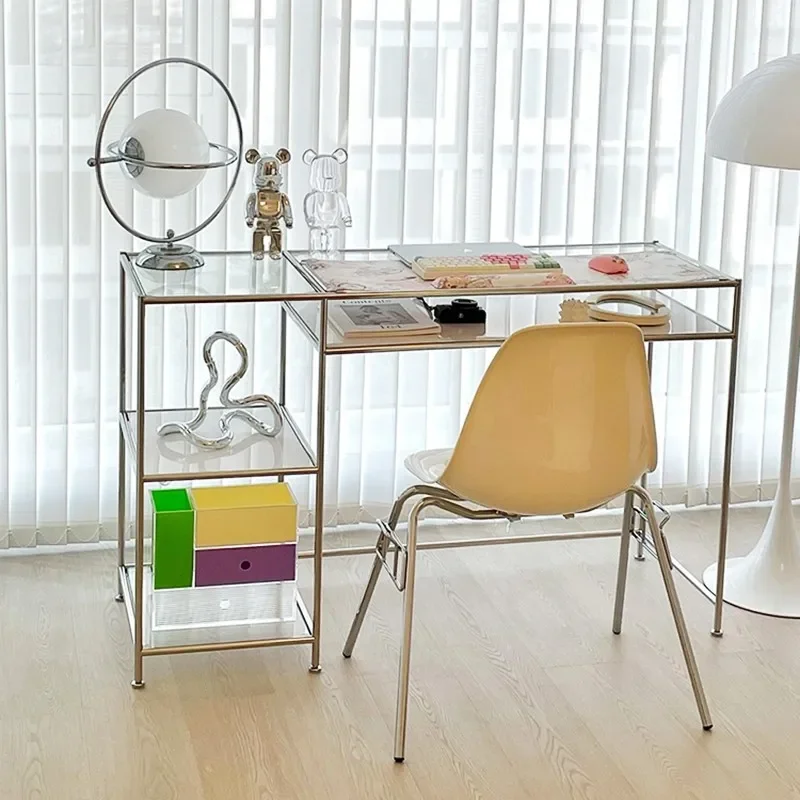 Medieval stainless steel computer desk light luxury tempered glass desk writing desk household simple makeup table