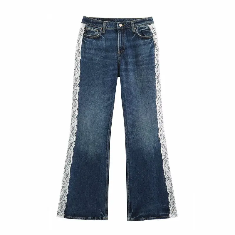 Fall 2026 High Waist Bell Bottom Denim Jeans Women's Fashion Lace Side Insert New Arrival Ladies Premium Jeans High Waist
