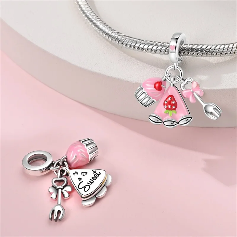 New in Original 925 Sterling Silver Heart-Shaped Doughnut Coffee Strawberry Cake Charms Beads Fit Pandach Bracelets DIY Jewelry