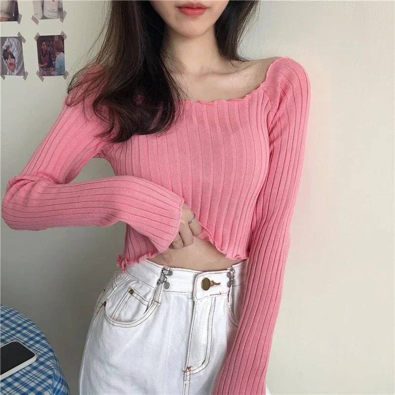 Women\'s Sweater 2024 Winter Fashion Navel Bare Cropped Tops Chic Wave Edge Casual Lady Knitted Pullover Short Solid Sweaters