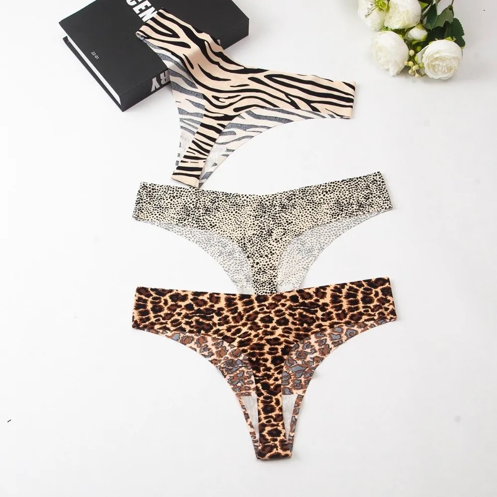 

Comfortable Ice Silk Women's Thongs Thin Lingerie Leopard Print Panties Low Waist Female Underwear Sleep