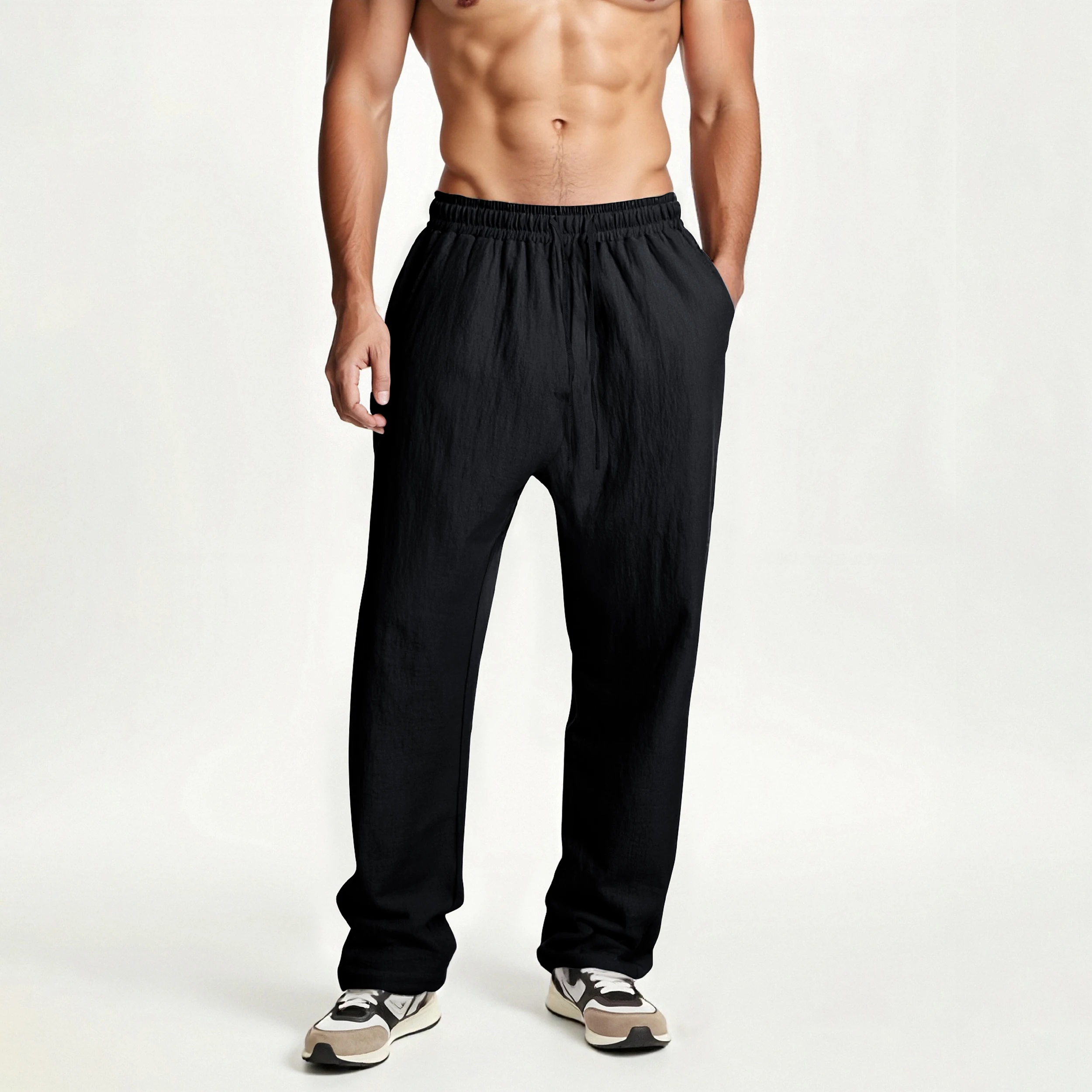Men's summer solid color cotton and linen lace-up trousers with pockets fashionable and versatile casual men's trousers