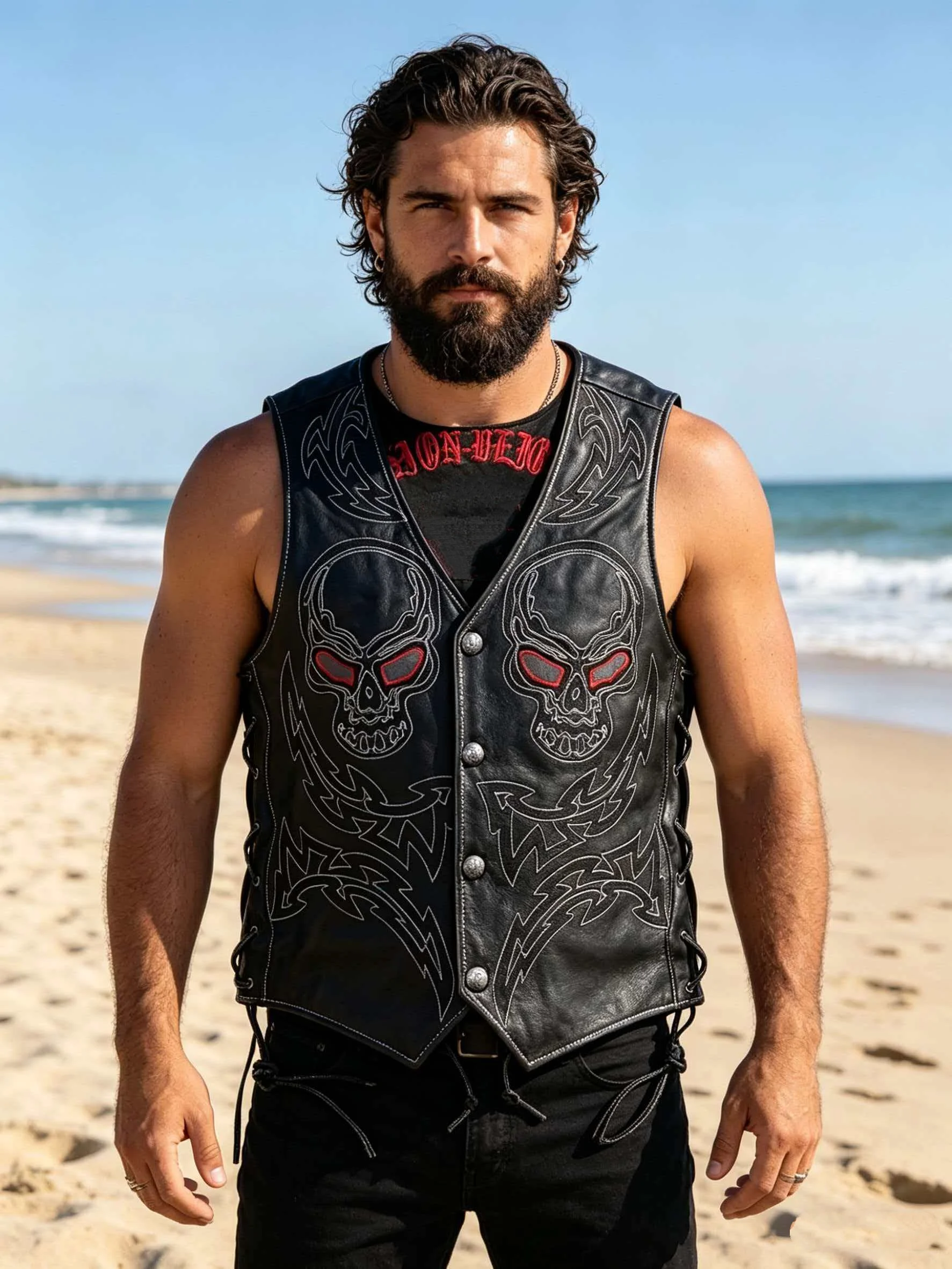 

Black Spring Leather Vest Men Sports Style Plus Size 5XL Genuine Natural Thick Cowhide Slim Fit Short Skulls Embroidery Vest