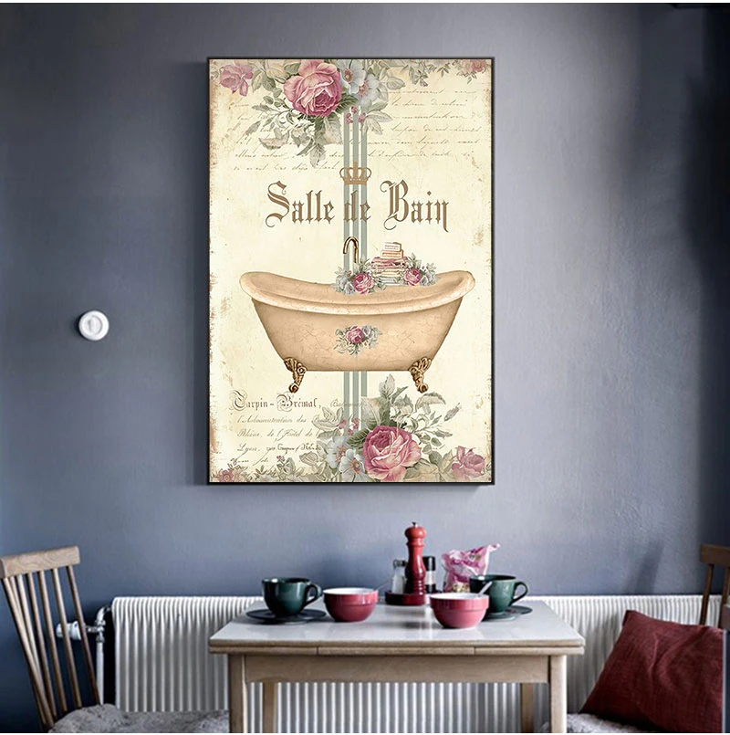 French Bathroom Decoration Paintings Print Vintage Posters Salle de Bain Le Bain Chalkboard Shabby Fine Wall Art Canvas Pictures