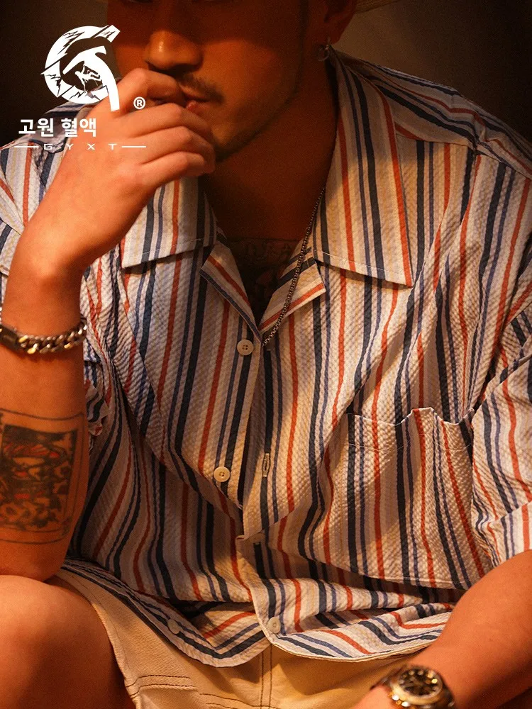 

GYXT Мужская одежда в стиле барокко с цветком, новинка лета, Гавайская свободная дышащая ткань с пузырьками, кубинский воротник ort Sve irt, нейлоль из полиэстера...