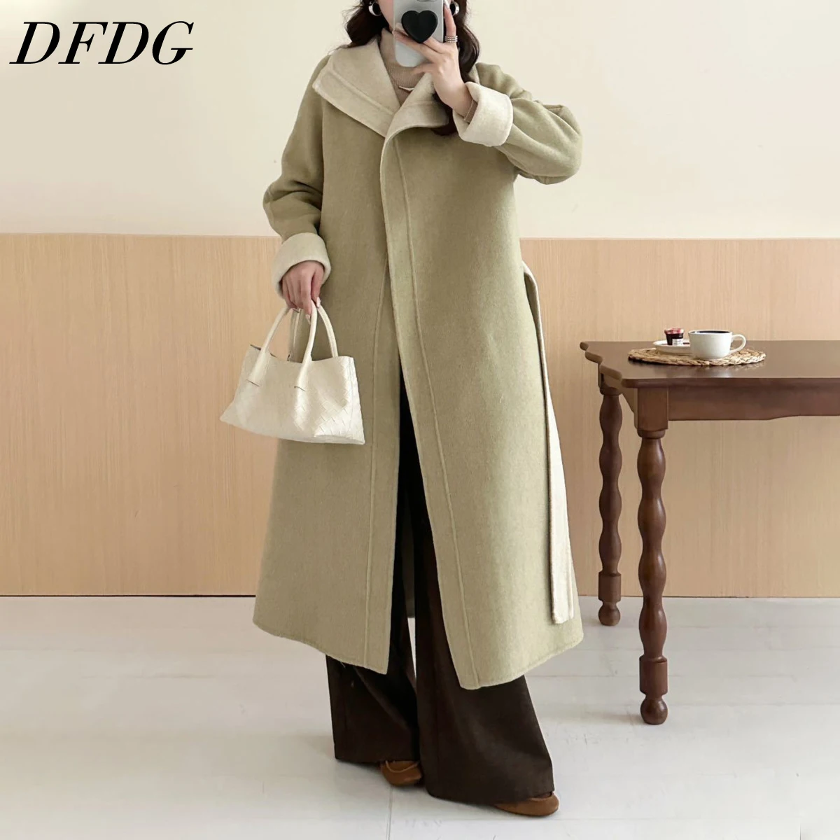 

DFDG 2025 Women’s Double Faced Wool Long Trench Coat Color Block Belted Pockets Vintage New Designer Autumn Winter Fashion