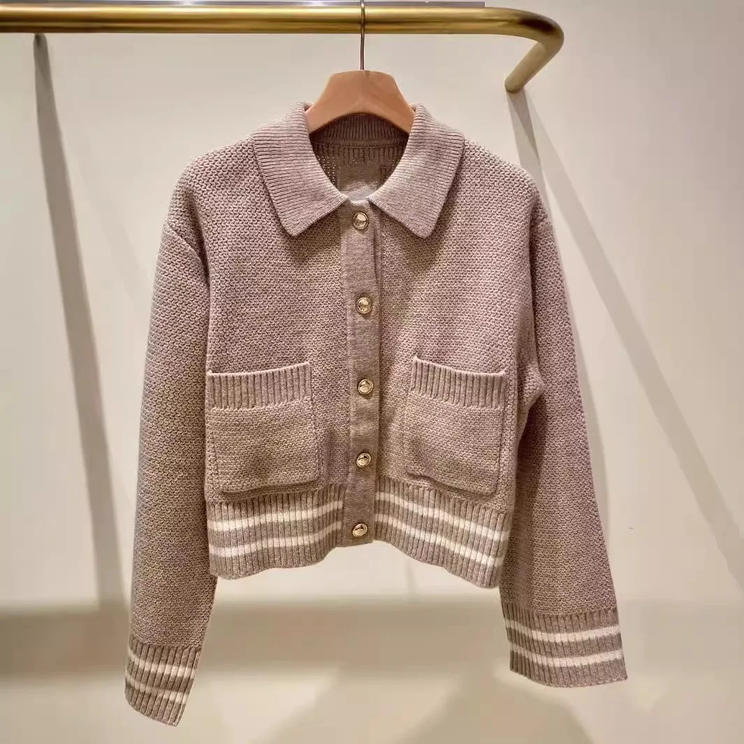 

Женский кардиган в полоску, однобортный Повседневный свитер с отложным воротником и длинным рукавом, Осень-зима 2024