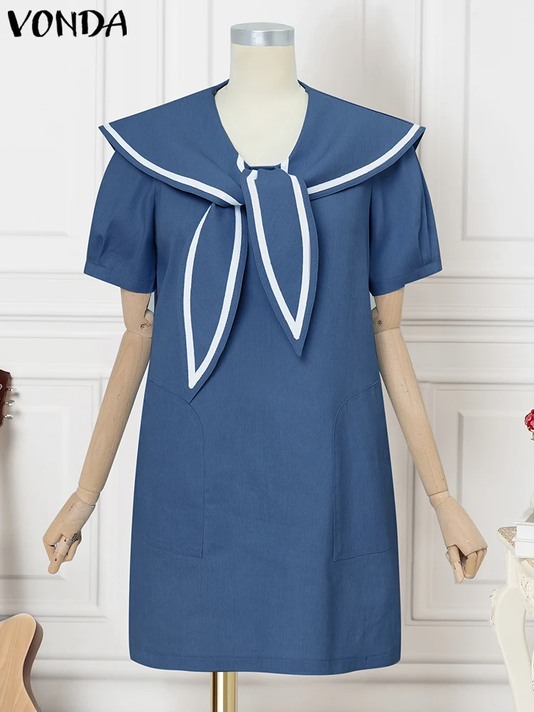 VONDA moda mujer Mini vestido con cuello de marinero 2025 vestido veraniego de verano de manga corta Casual Color Patchwork Vestidos cortos de gran tamaño