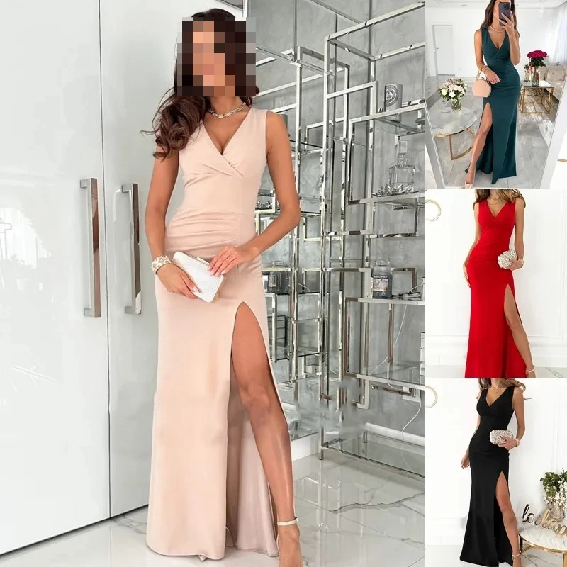Vestido de reunión anual Color sólido sin mangas con cuello en V ajustado con abertura en la cintura Maxi vestido Sexy de corte bajo sin espalda para banquetes de mujeres