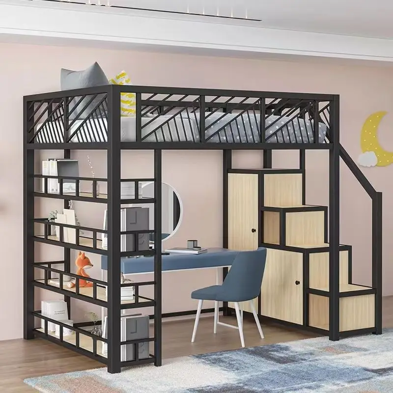 Bed under the table, wrought iron elevated bed sheet, upper floor small apartment loft bed