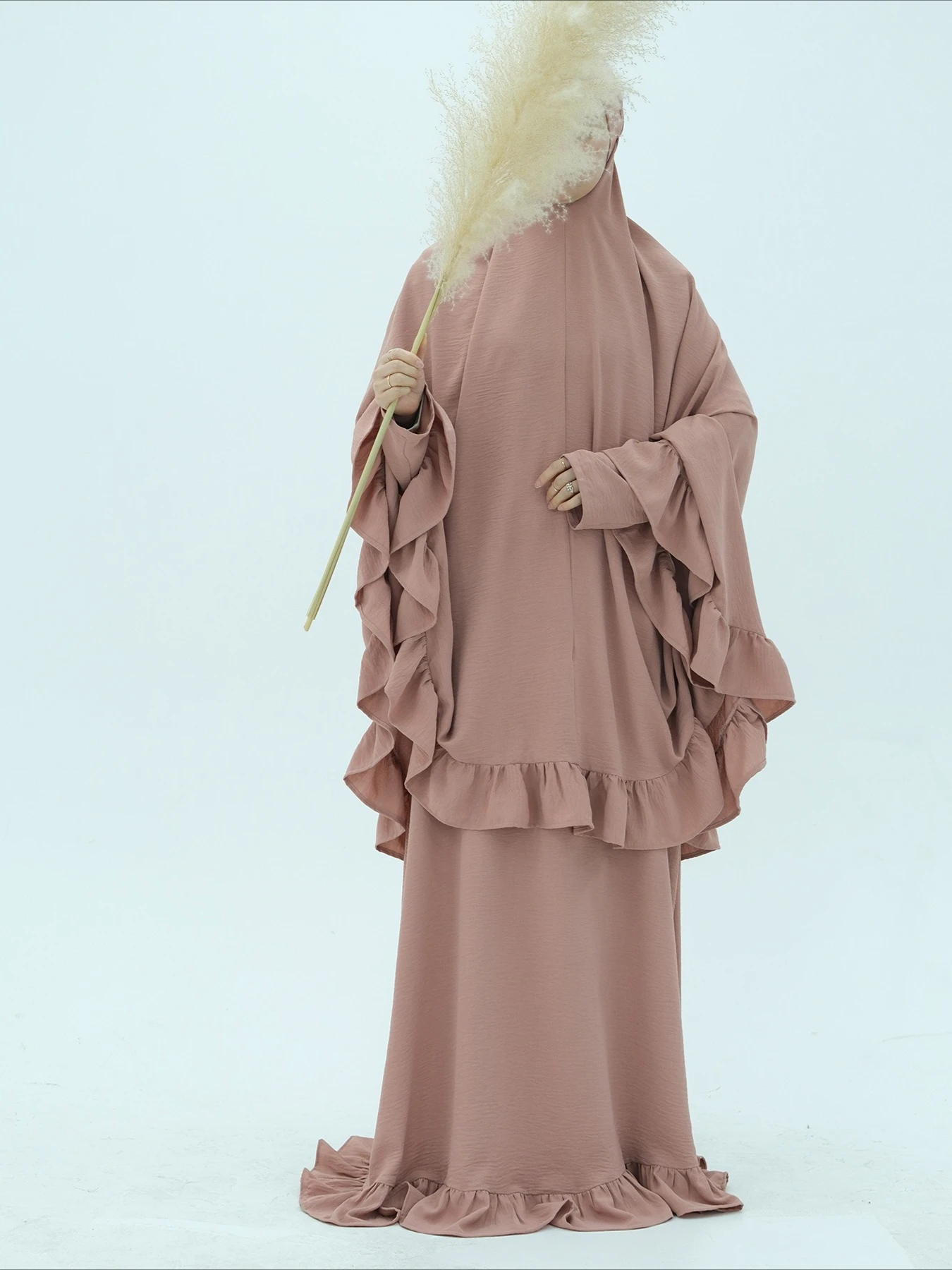 

Eid Women Dress with Khimar 2 Piece Set Prayer Garment Muslim Ruffle Hem Party Dress Abaya Caftan Robe Jalabiya Ramadan Dubai