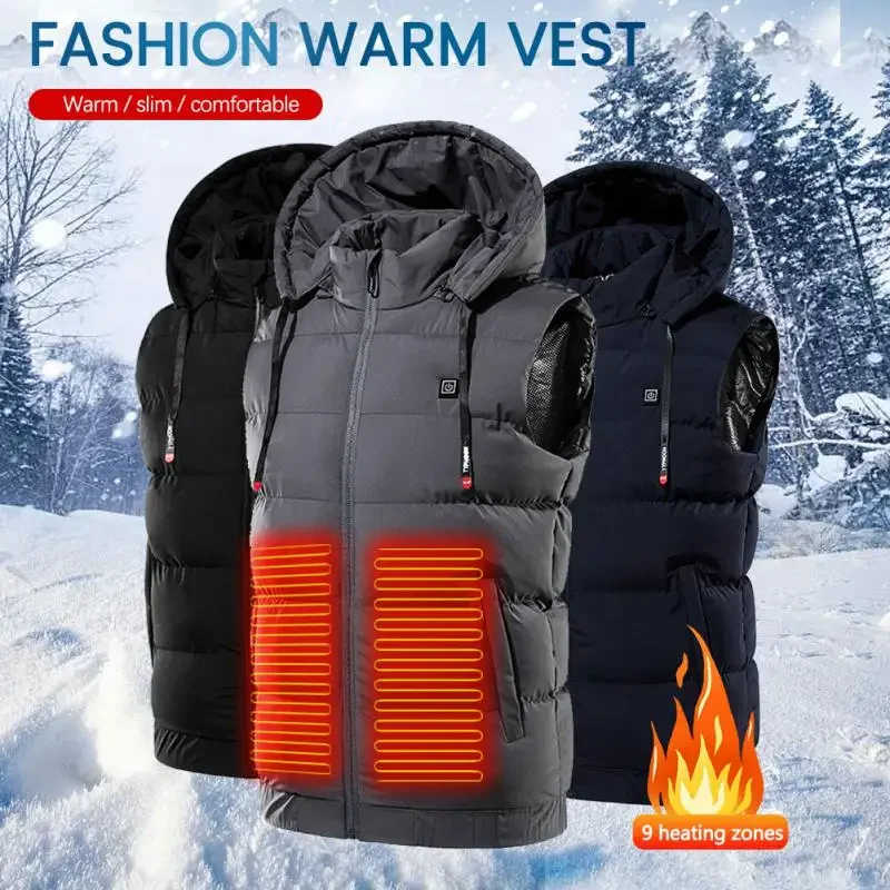 Electric Heated Hooded Vest, Thermal Waterproof, USB Charging, Adjustabe Heating, Warmer Pad, Hiking Warm, Winter