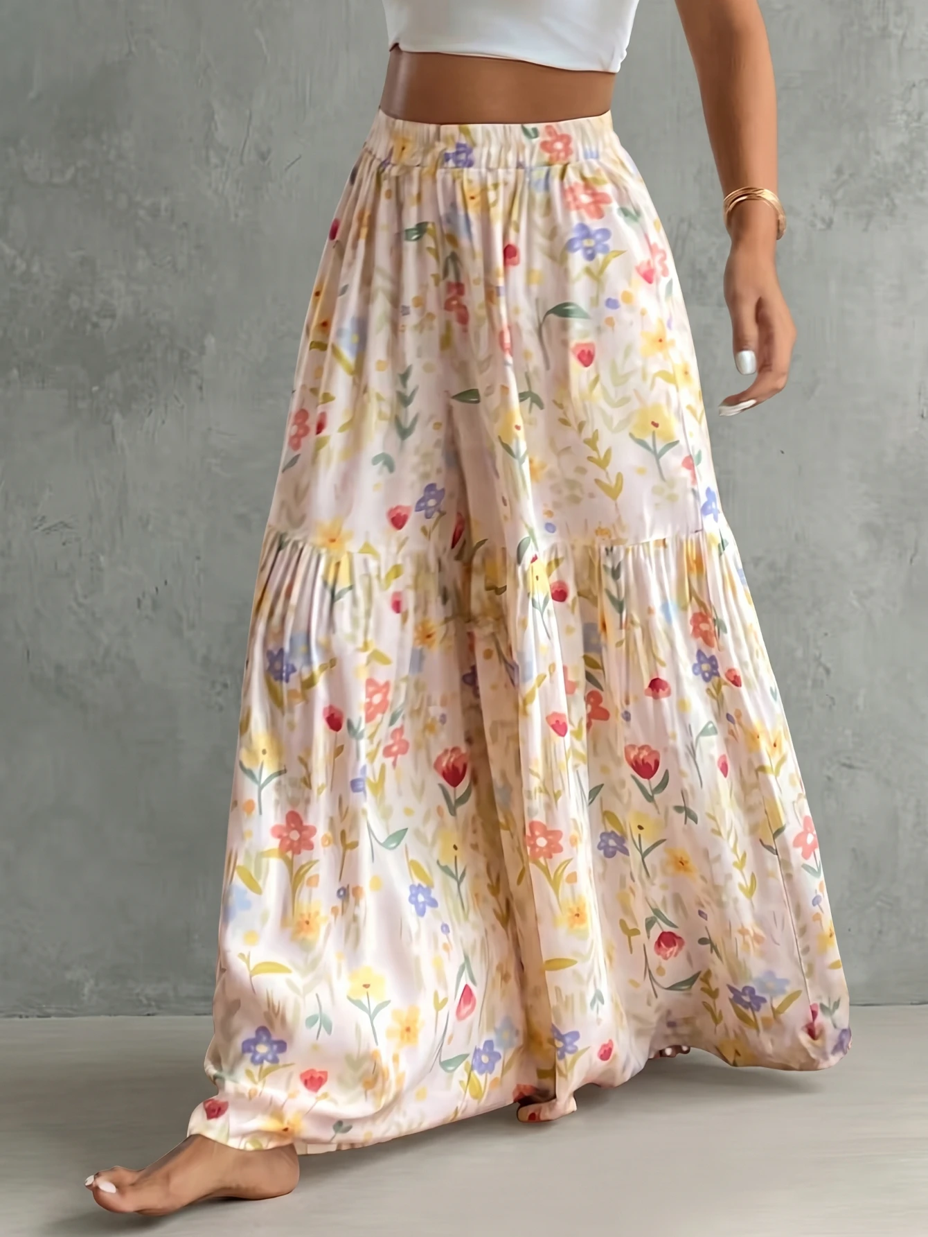

Women Elastic High Waist Tiered Ruffle Wide Leg Pants For Holiday Travel Dating And Daily Casual Outfits