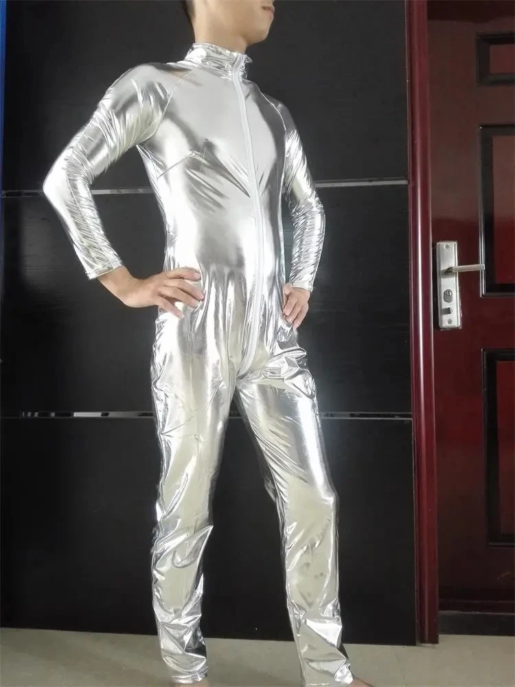 

Silver High Neck Long Sleeve Jumpsuit Man Costumes Bar DJ Club Elastic Dance Stage Magic Show