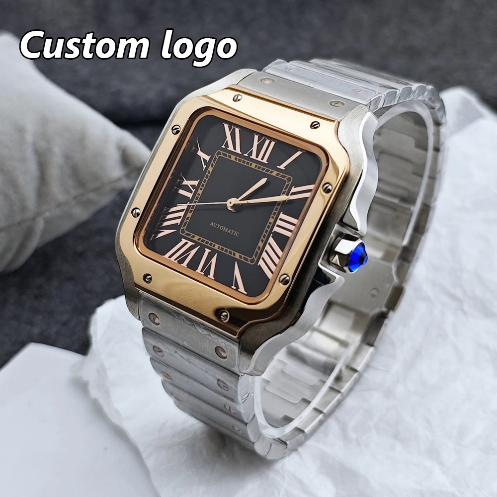 Reloj cuadrado NH35 de 38mm para hombre, reloj automático con logotipo personalizado, esfera de oro rosa, adecuado para accesorios de reloj con movimiento NH35