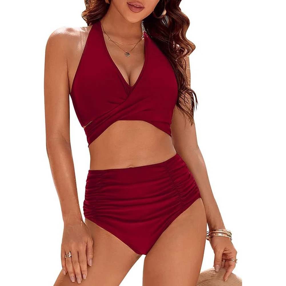 Women Colid Color Fashion Casual High Waist Hanging Neck Bikini Split Swimsuit For Summer For Vacation, Holiday, Beach