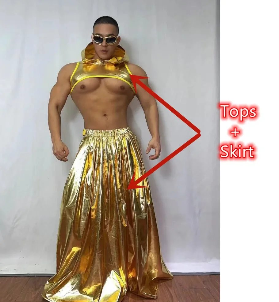 남성 골드 레이저 탑 롱 스커트 레이브 의상 나이트클럽 DJ 고고 댄스 의상 남성 댄서 가수 섹시 클럽 무대 공연 세트