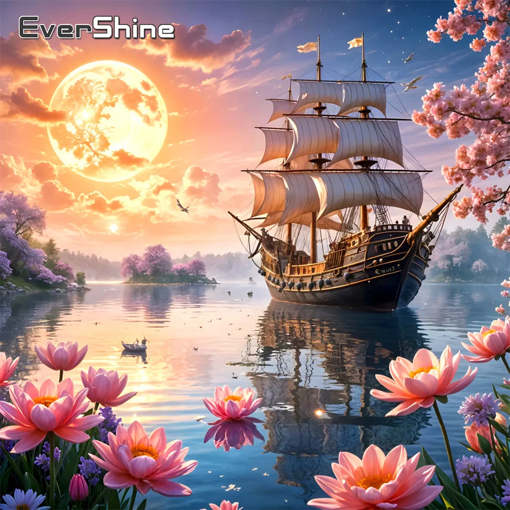 EverShine Diamant-Mosaik Landschaftsboot Vollquadratische Bohrsteine Lotusbild aus Strass Diamant-Stickerei Mond Wandkunst