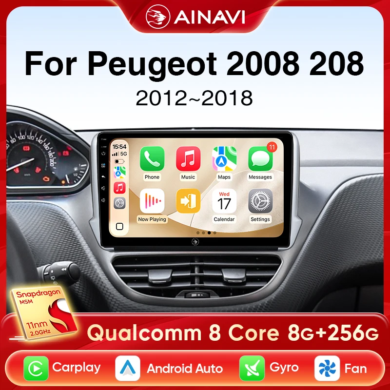 Autoradio Ainavi per Peugeot 2008 208, con Carplay wireless e Android Auto, modelli 2012 2013 2014 2016 2018, lettore multimediale per auto 4G, navigazione GPS, SWC, BT 5.0, schermo touchscreen HD
