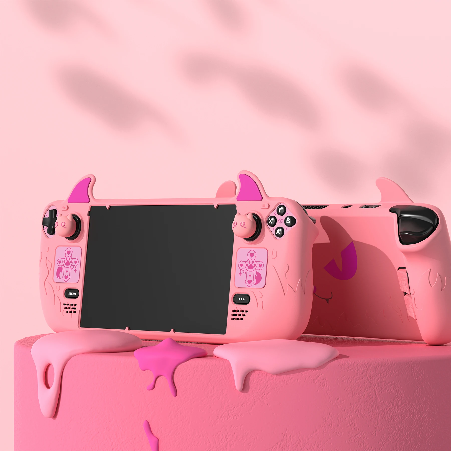 حافظة PlayVital الوردية الواقية لسطح البخار OLED وLCD - تصميم Kawaii Cute Demon، غطاء مضاد للانزلاق ومقاوم للصدمات