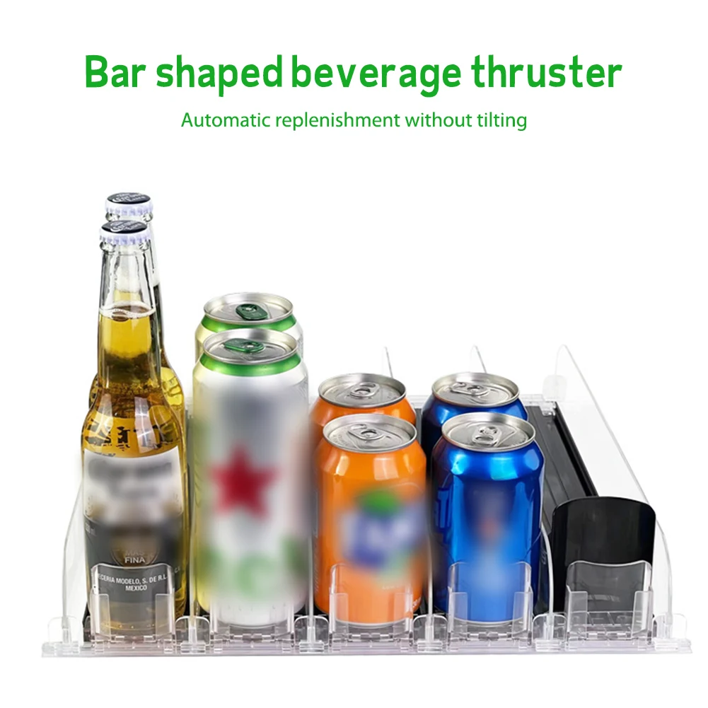 Drink Organizer Dispenser Spring Push Can Shelf Pusher Adjustable Width Soda Can Bottle Pusher E-shaped Glide for Kitchen Fridge