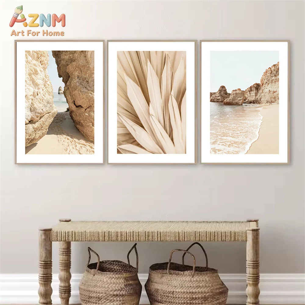 AZNM Boho Neutral Canvas Wall Art Beach Coast Scenery Dried Palm Leaf Vintage Pottery Nature Art Print Frameless Canvas Painting