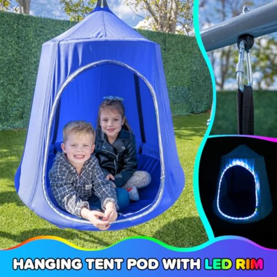 Shooting Star Metallschaukel-Set mit 2 LED-Schaukeln, gepolsterte Untertassenschaukel mit LED-beleuchtetem Zelt und 5' doppelwandiger, geblasen geformter Rutsche