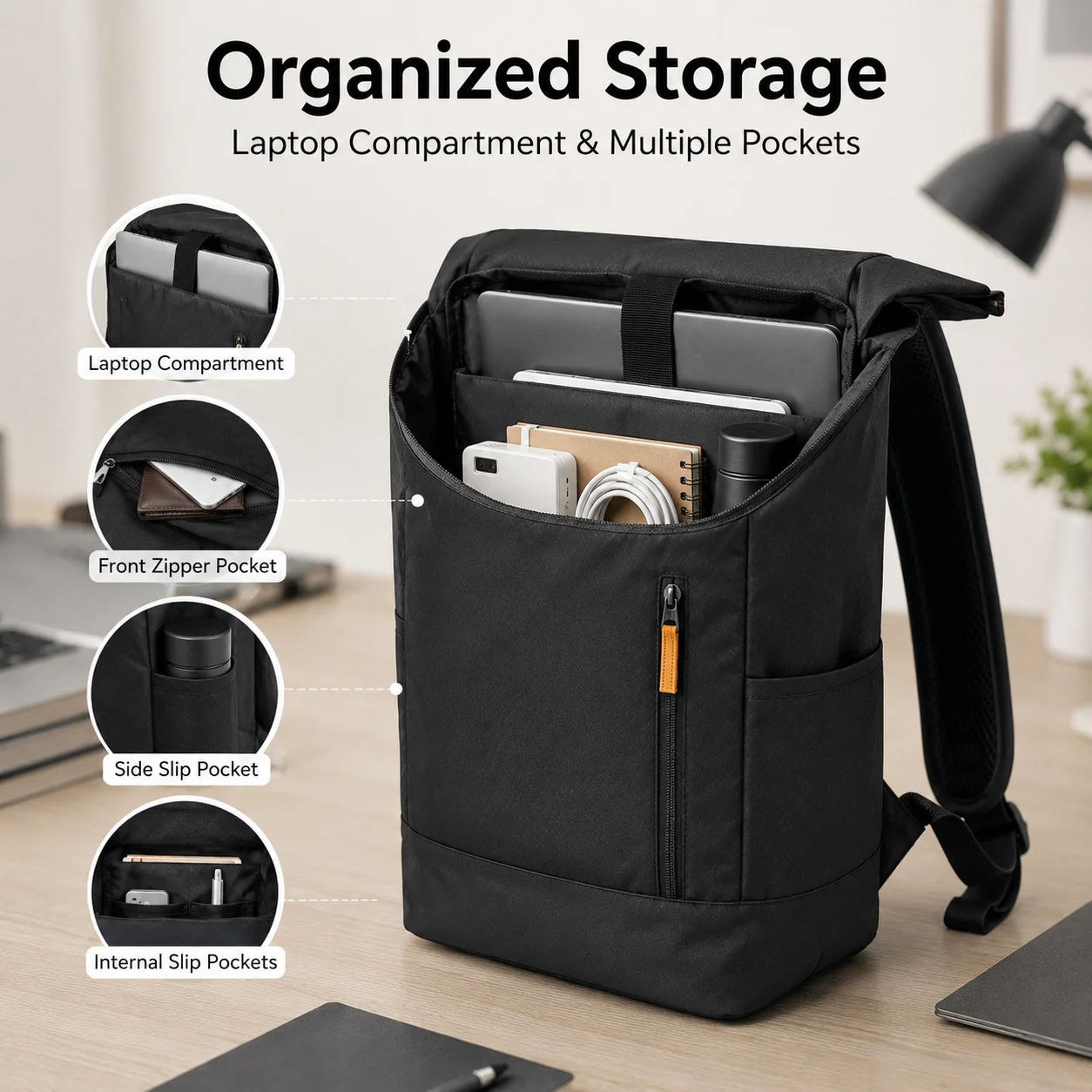 Sac à dos léger noir de 28 L à fermeture roll-top, sac à dos de banlieue extensible avec compartiment pour ordinateur portable, plusieurs poches et bretelles rembourrées pour le travail au bureau et les voyages de week-end