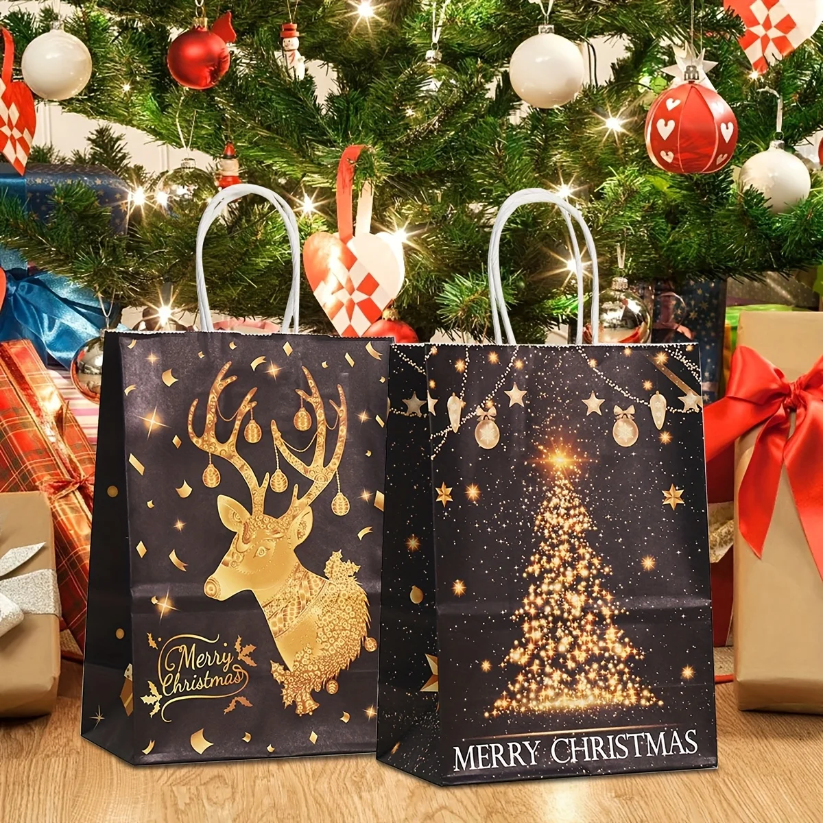 12/24pcs Black and Golden Christmas Gift Bags with Handles,Festive Santa,Reindeer,Snowflakes,and Christmas Tree Patterns
