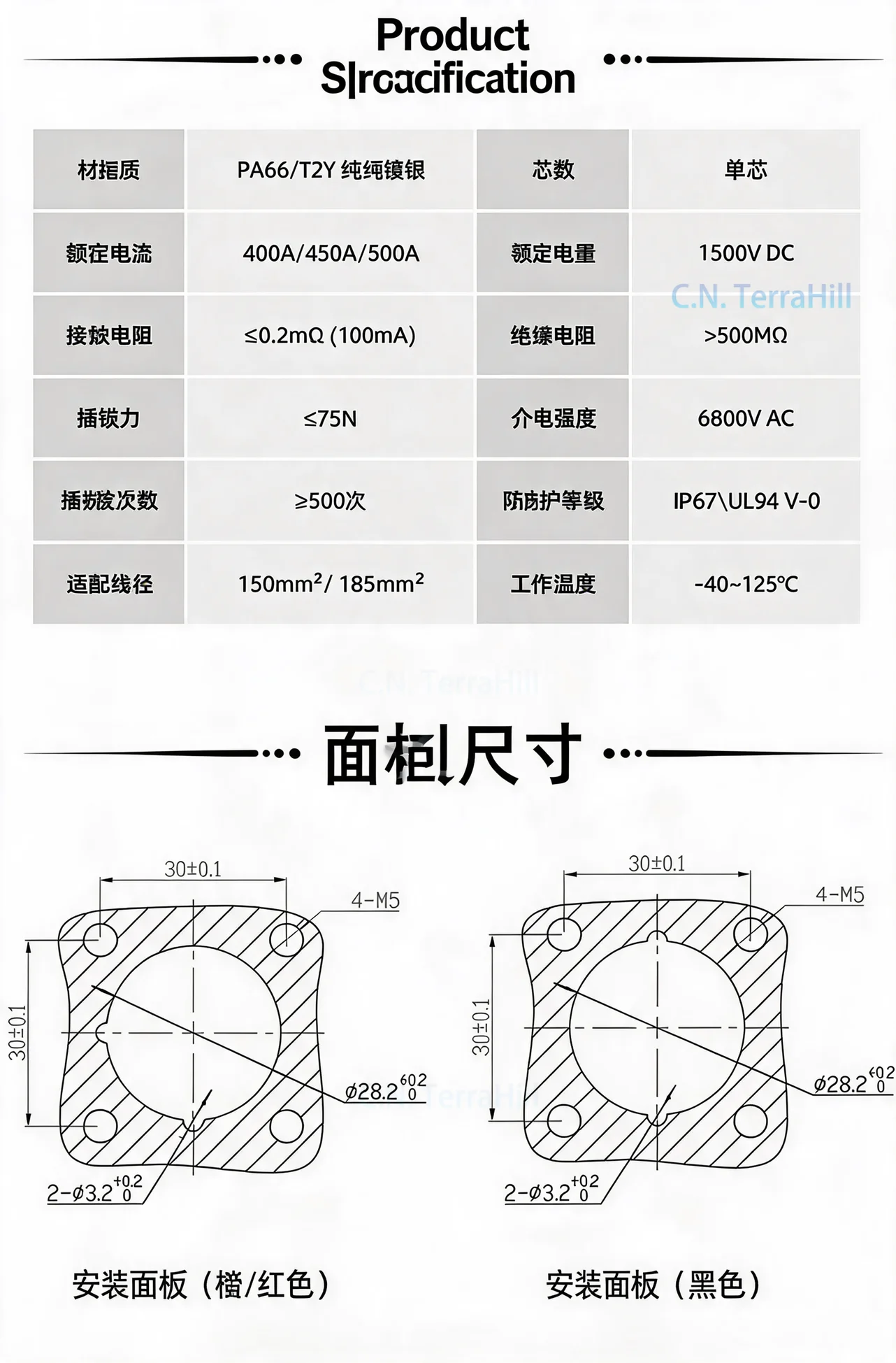 400A 450A 500A Energy Storage Connector Straight Plug High Voltage Connector for Energy Storage System PV Inverter