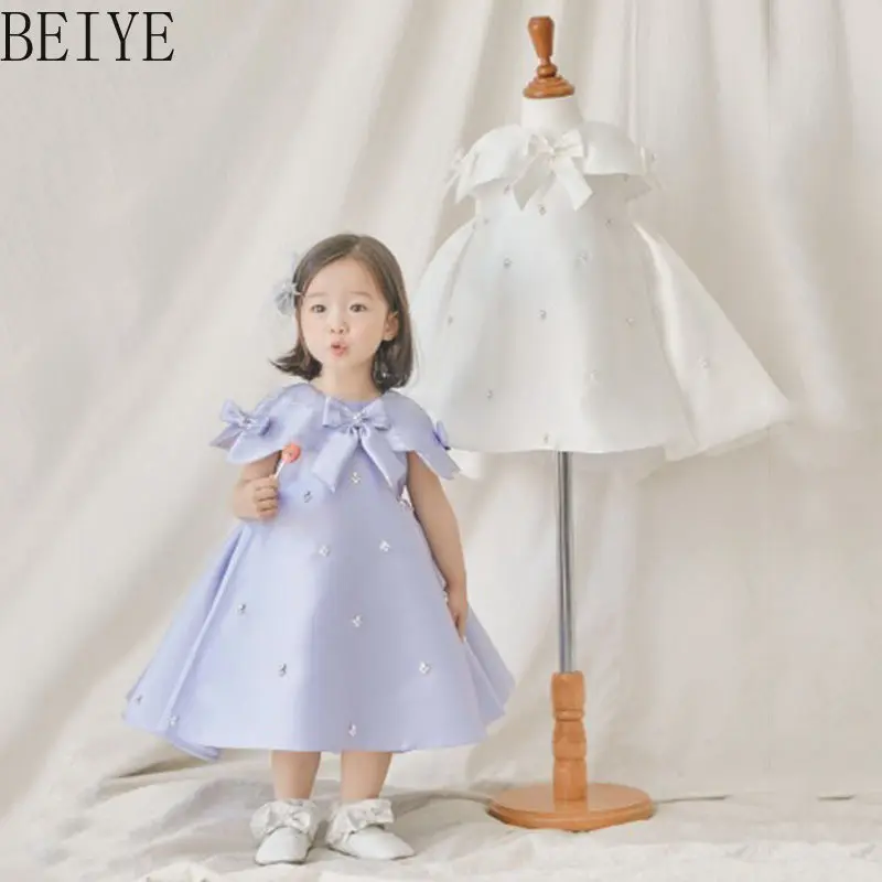 

Little Girl First Birthday Princess Dress Host Performance Big Cape Collar Bow Dress Children Pearls Beaded Pageant Formal Dress