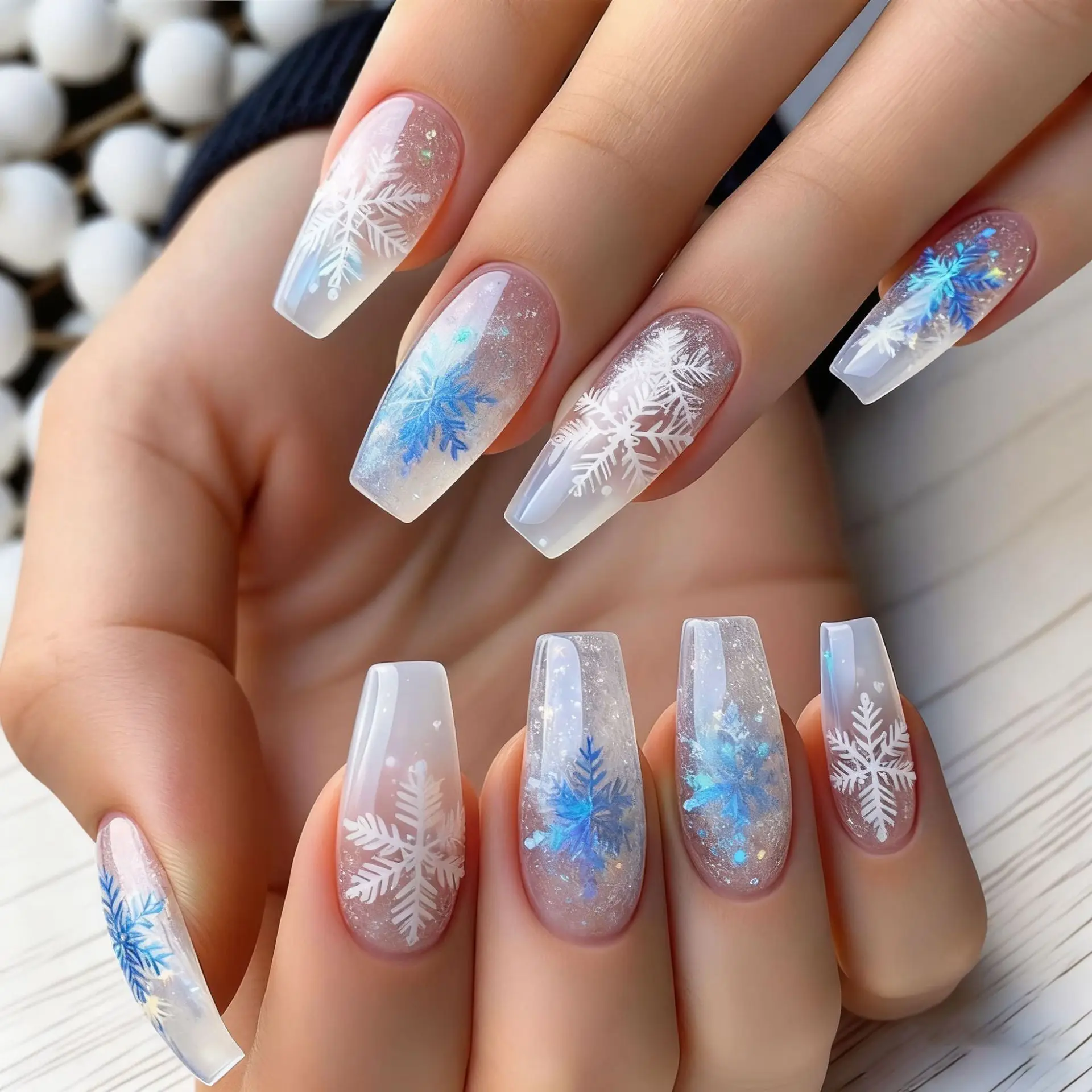 24 Stück Weihnachten/Weihnachten Press On Nails Ballettform Glitzer Französische Spitze Schneeflockendruck Abnehmbare künstliche Nägel