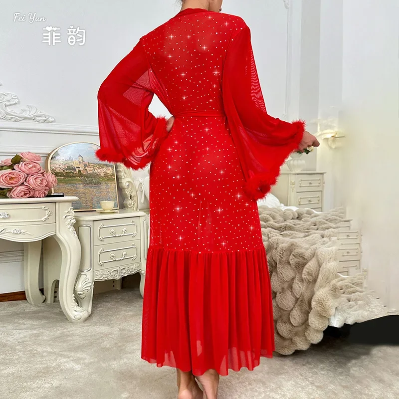 V-neck Evening Gown Dress Pajamas Women's Long Sleeve Fluffy Sequined Nightgown Home Clothes Robes for Women