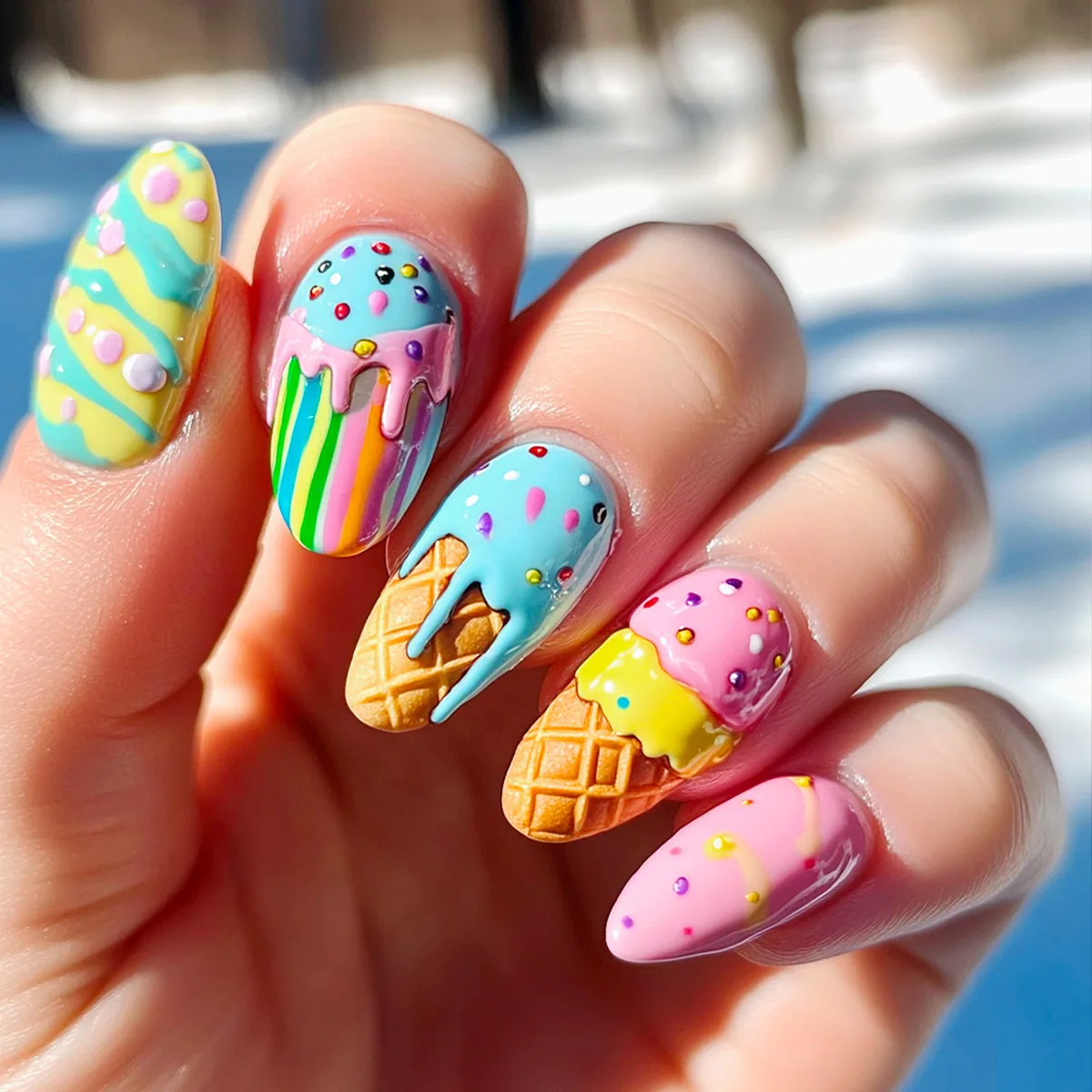 24pcs 손톱에 귀여운 아이스크림 프레스 달콤한 여름 바다 불가사리 과일 인쇄 가짜 손톱 팁 웨어러블 인 아몬드 거짓 손톱