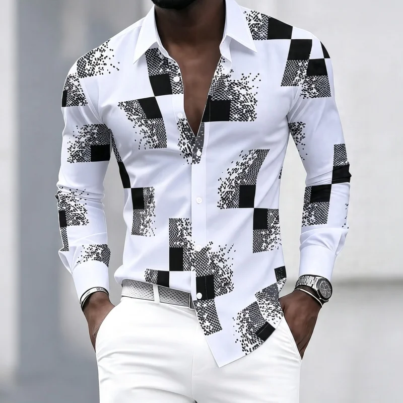 Men's black and white patchwork block fragment printed long sleeved shirt, men's slim fit trend lapel, business casual shirt