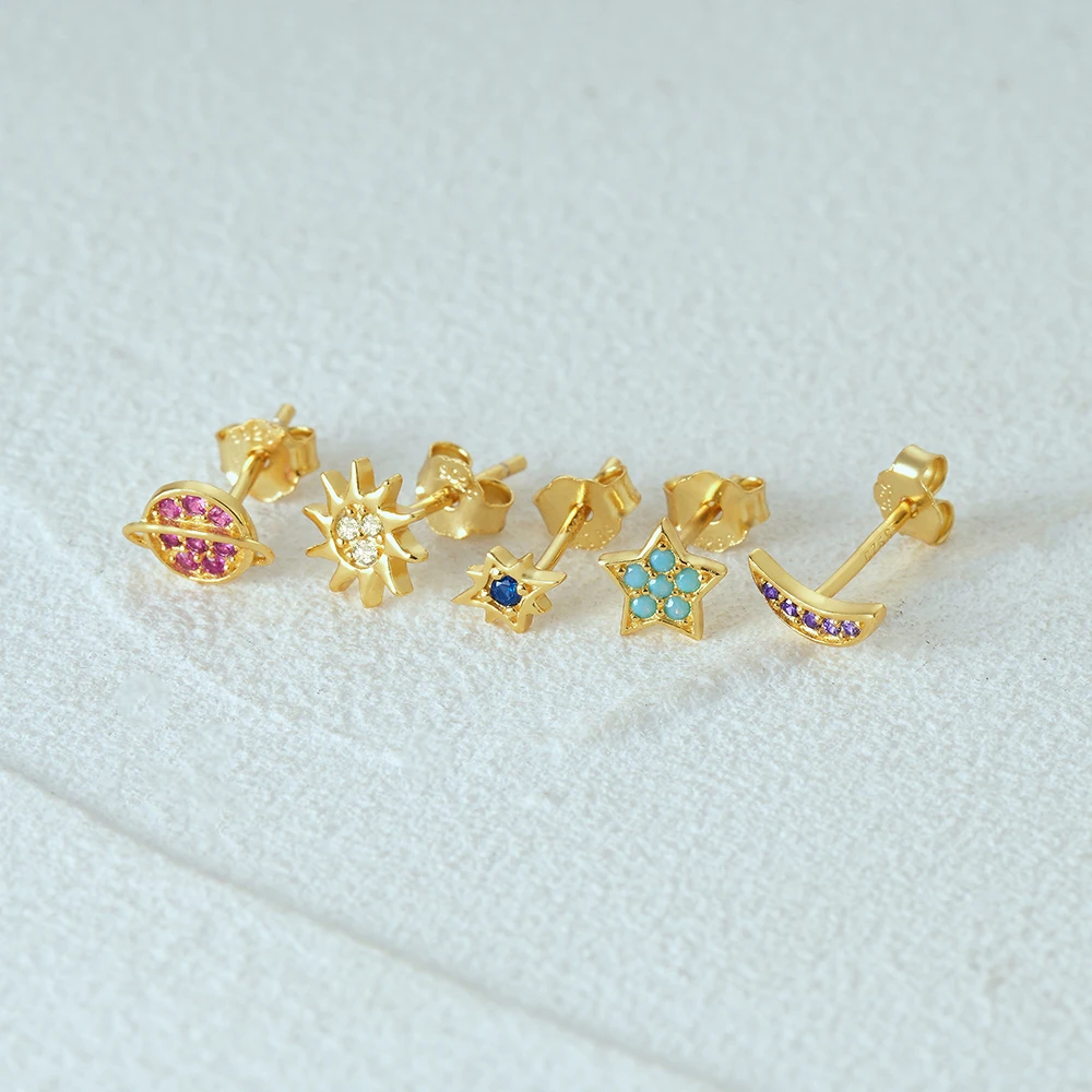 Aide 5pcs Set 925 Sterling Silver Star Moon Sun Colored Zircon 18K Gold Stud Earrings For Women ins Luxury Jewelry Gift