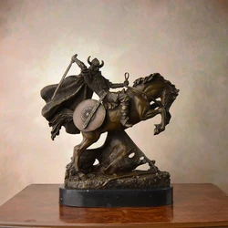 Bronze Medieval Warrior Riding Statue Vintage Sculpture Handcrafts Marble Base Collectible Figurine Art Home Decoration