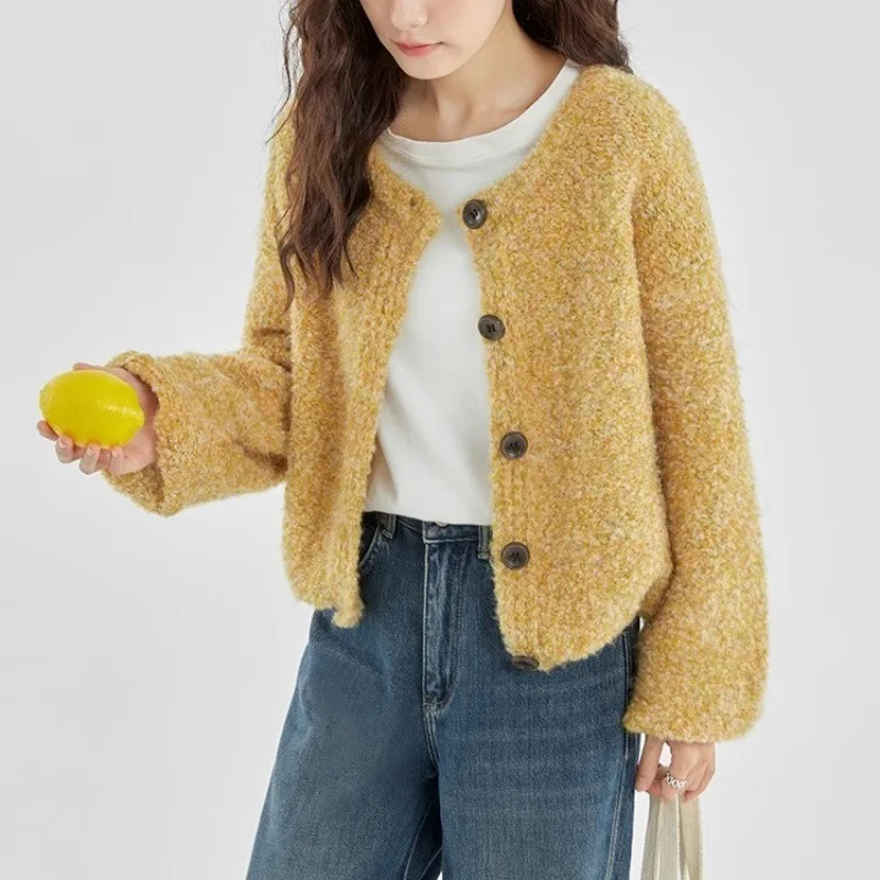 

Осенне-зимний вязаный кардиган из круглой пряжи, женский ленивый стиль, короткий свитер с круглым вырезом, кардиган, женский топ, куртка