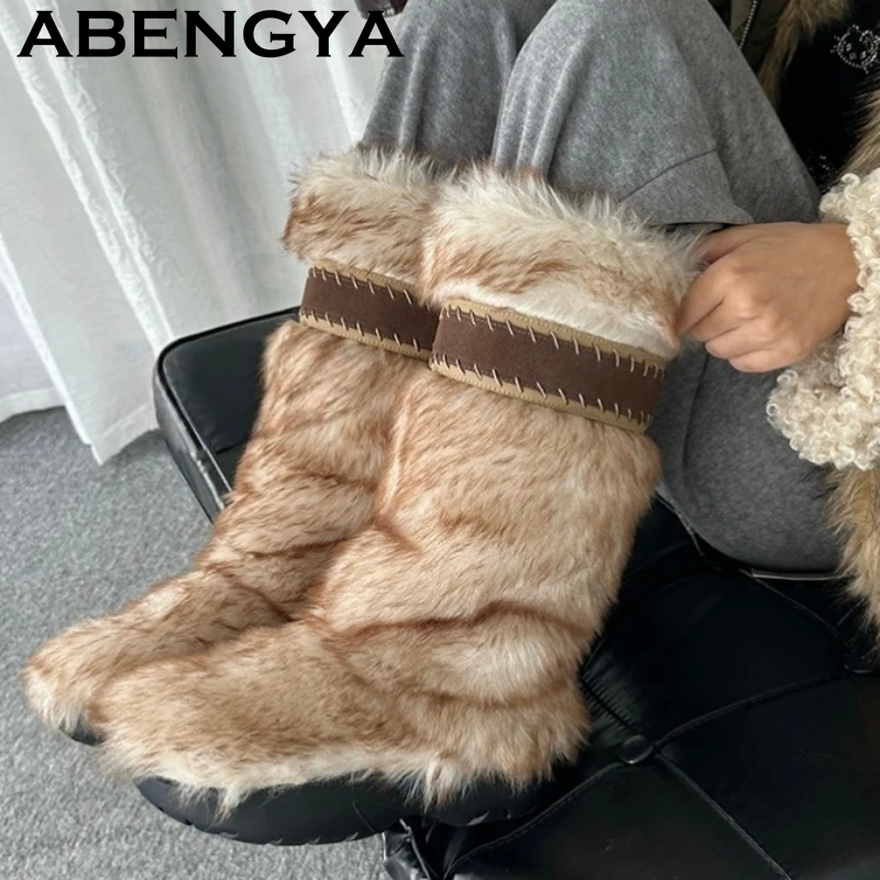 

2025 Winter Fashion Warm Wool Snow Boots For Women Round Toe Non-slip Plush Long Boots Female Thick Sole Casual Fur Botas Mujer