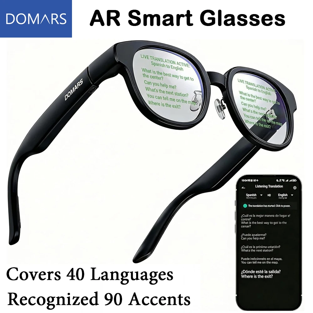 

Domars Smart Glasses with AR Display Invisible Teleprompter & AI Real-Time Translation in 40 Languages with Myopia Prescription