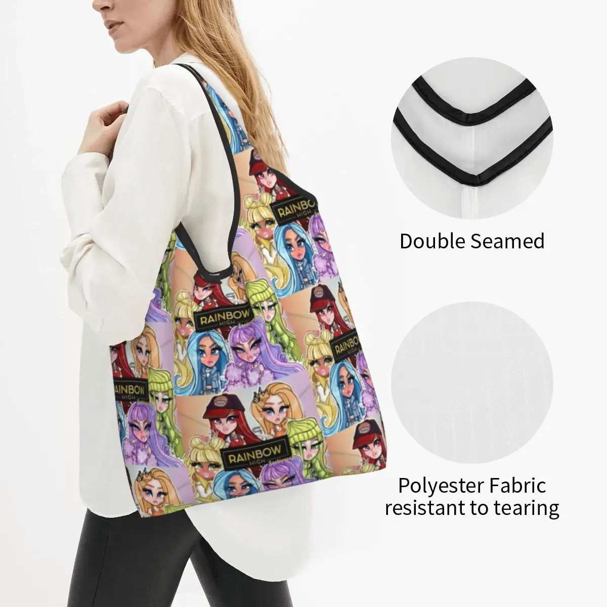 Custom Rainbow High Anime Shopping Bag Women Portable Large Capacity Groceries Cartoon Tv Lovely Fashion Doll Shopper Tote Bags