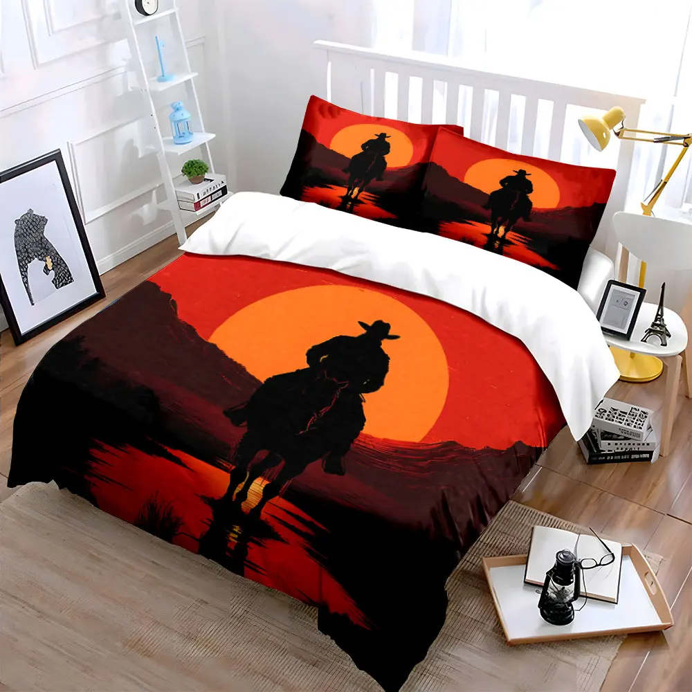 Sunset Cowboy Silhouette print Bedding Set for Kids Luxury Gift 3pcs Digital Print Comforter Set Soft Comfortable Breathable