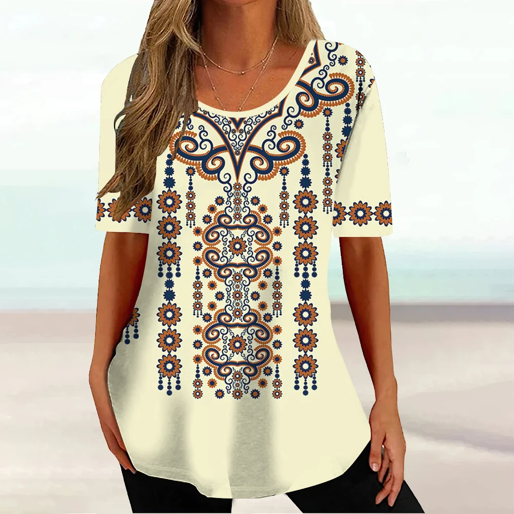 African Ethnic Women's T-shirt Tribal Print Short Sleeve Female Classic Pullover Summer O-Neck Loose Streetwear Daily Clothing