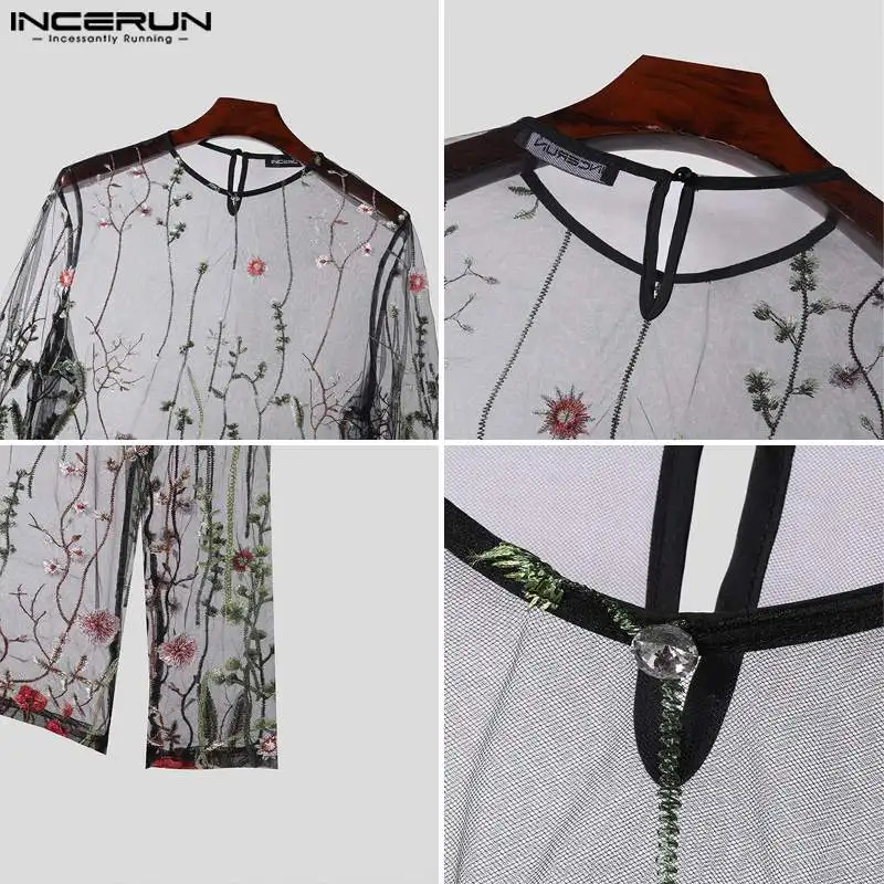 Sexy Casual Style Tops INCERUN 2024 Mens Perspective Mesh Print Pattern T-shirt Fashion Thin O-neck Long Sleeved Tees S-5XL 2024