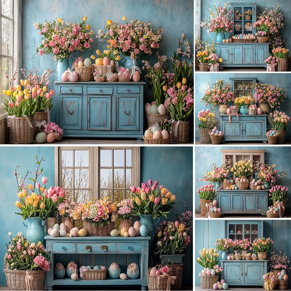 

Mocsicka Photography Background Spring Easter Eggs Flower Basket Cabinet Decoration Baby Shower Cake Smash Backdrop Studio Props